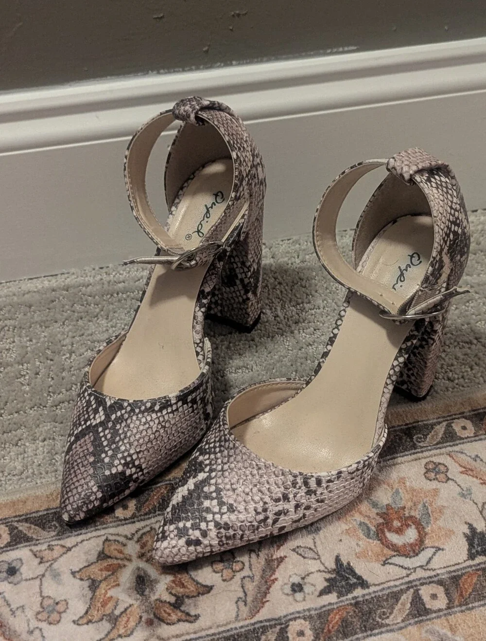 Snake Print Ankle Strap Block Heels